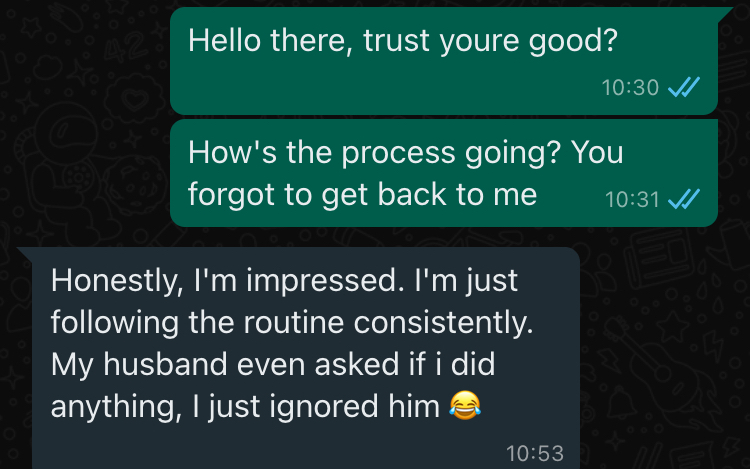 Illustrative chat mockup: check-in about routine consistency